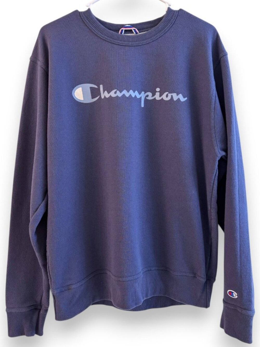 Champion Blue Crewneck Sweatshirt Graphic Script Logo Athleticwear Unisex Medium